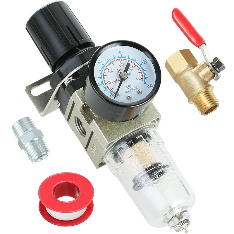 Hromee 1/4 Inch Air Compressor Filter Regulator Combo, Water Oil Separator with Pressure Gauge, Manual Drain, Ball Valve and Bracket AW2000-02 - Image 1